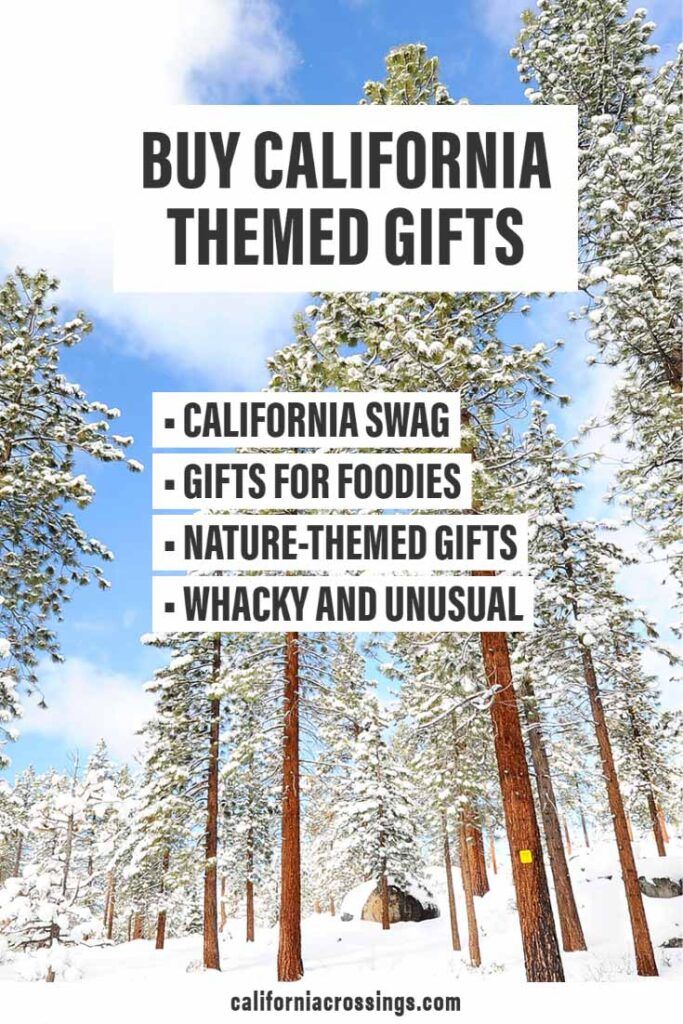 the california christmas gift guide is shown in front of snow covered trees and blue sky