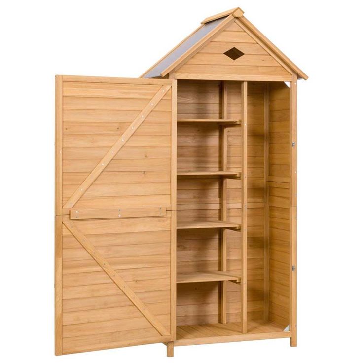 a wooden storage shed with its doors open and shelves on each side, showing the inside