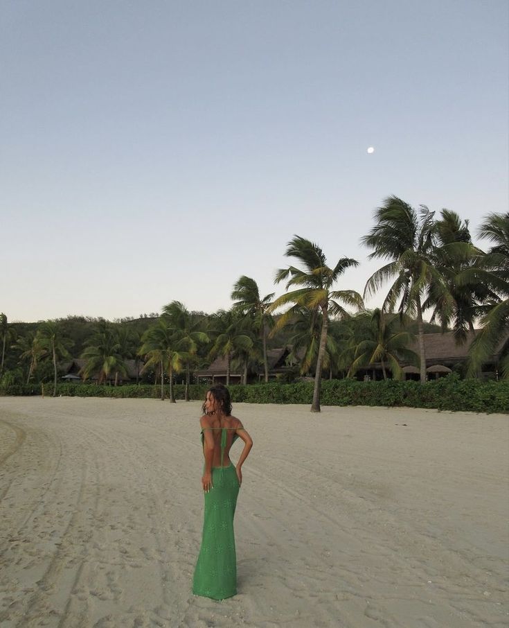 a woman in a long green dress standing on the beach with palm trees behind her