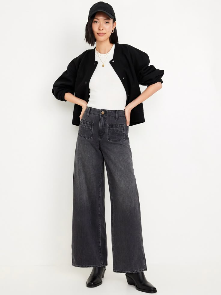 high waisted button front belt loops zip fly front patch pockets back patch pockets sits at belly button super-baggy thigh hits below ankle 30" regular inseam 28" petite inseam 33" tall inseam models are approx.  5'9" and wear sizes s (4), l (12), and xl (18)machine wash according to the care instruction label  . Best Holiday gift for Women , perfect Jeans for Christmas! Wide Black Jeans Outfit, Black Loose Jeans Outfit, Black Washed Jeans Outfit, Black Wide Leg Jeans Outfit, Loose Jeans Outfit, Smart Casual Jeans, Wash Jeans Outfit, Tomboy Femme, Black Wide Leg Jeans