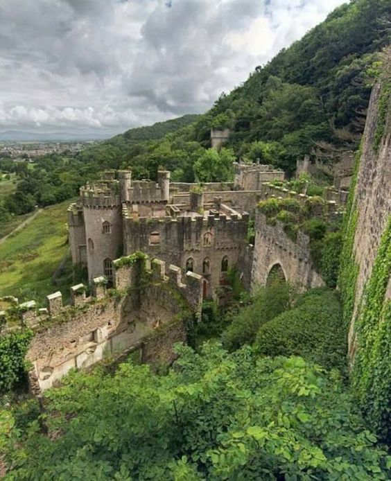 an old castle is surrounded by greenery