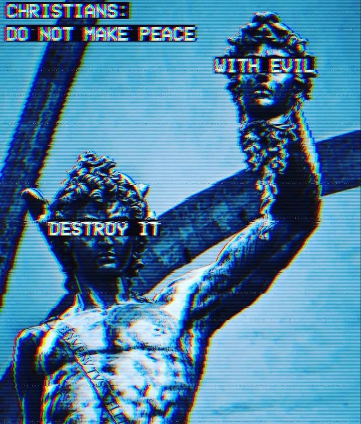 a statue holding a cross with the words destroy written on it in black and white