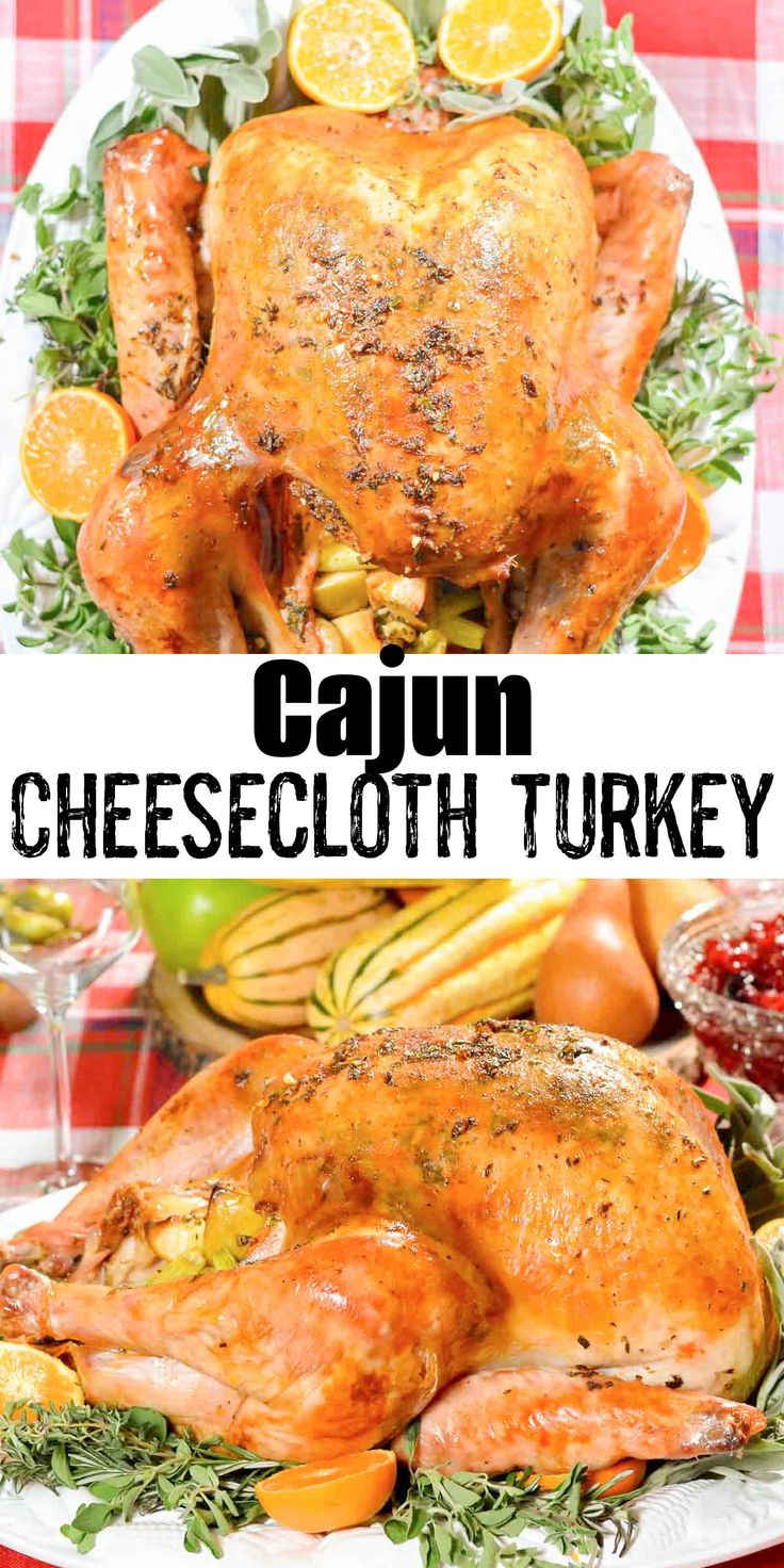 two photos with the words cajun cheesecloth turkey on them and an image of a whole chicken