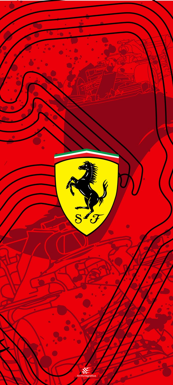 a red background with a yellow and black ferrari emblem