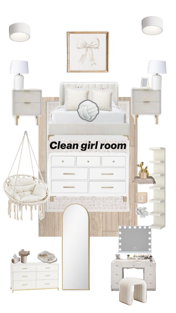 a bedroom with white furniture and accessories on the floor, including a bed, dresser, mirror