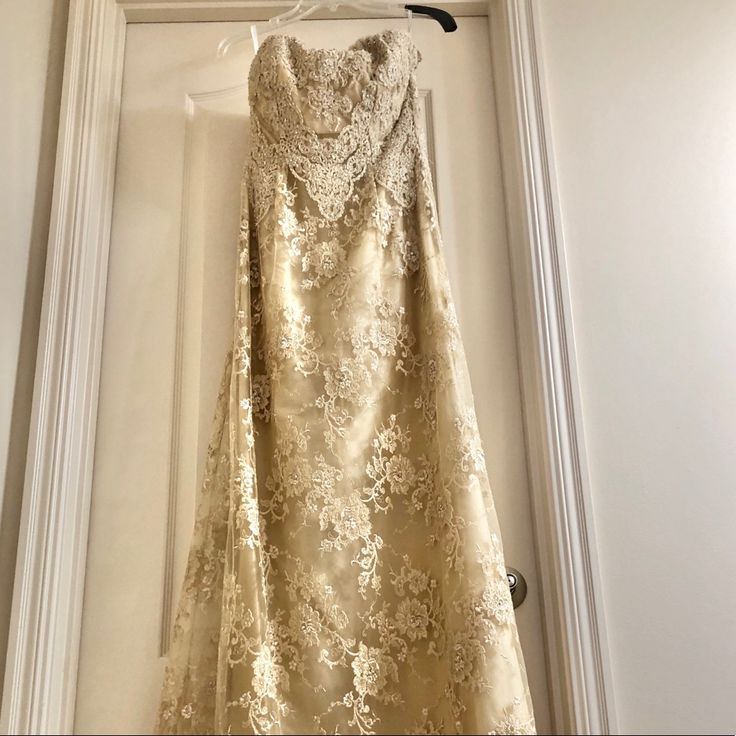 Only Worn Once By Mother Of The Groom! Beautiful Champagne Gold Dress With Beading And Delicate Lace. Comes With Matching Shall. Perfect For Wedding Guest, Mother Of The Bride/Groom Or Formal Wear. The Dress Is Strapless When A Zipper Back. Has Been Professionally Dry Cleaned And Is Ready To Wear. Lace Ball Gown With Intricate Embroidery, Glamorous Sleeveless Lace Wedding Dress, Gold Lace Prom Gown, Lace Gown With Intricate Embroidery And Fitted Bodice, Intricate Lace Embroidery Gown With Fitted Bodice, Lace Evening Dress With Sweep Train, Lace Evening Dress With Embellished Fitted Bodice, Embellished Lace Mother Of The Bride Dress, Elegant Reception Dress With Sweetheart Neckline