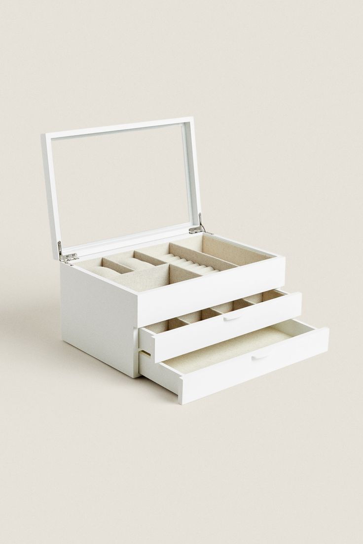 an open white box with two drawers on the bottom and one drawer in the middle