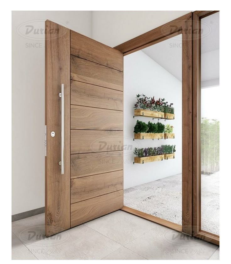 an open wooden door with planters on the wall and glass doors leading to another room