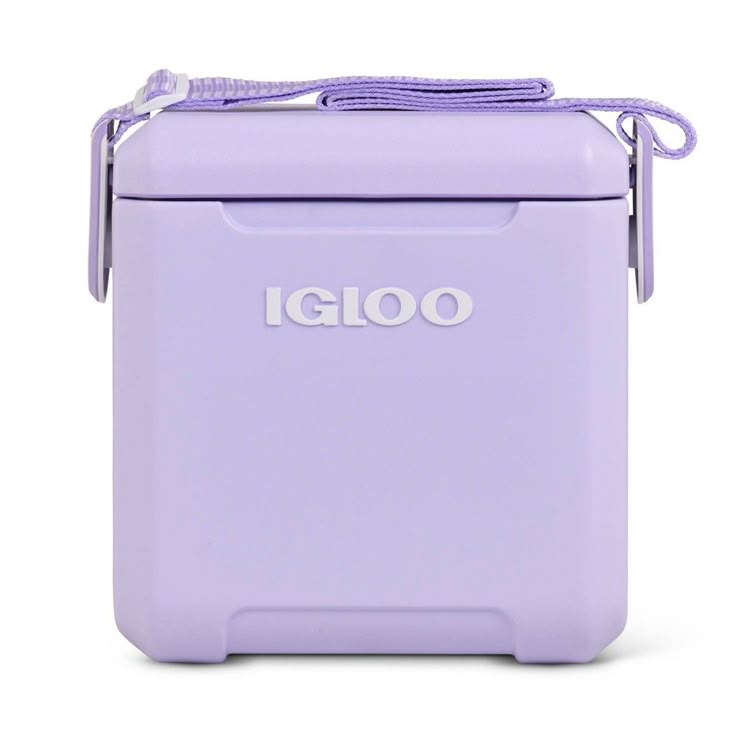 the igloo lunch box in lavender is shown with an insulated handle and strap