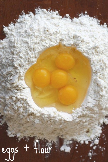 eggs and flour in a bowl on top of a wooden table with text overlay