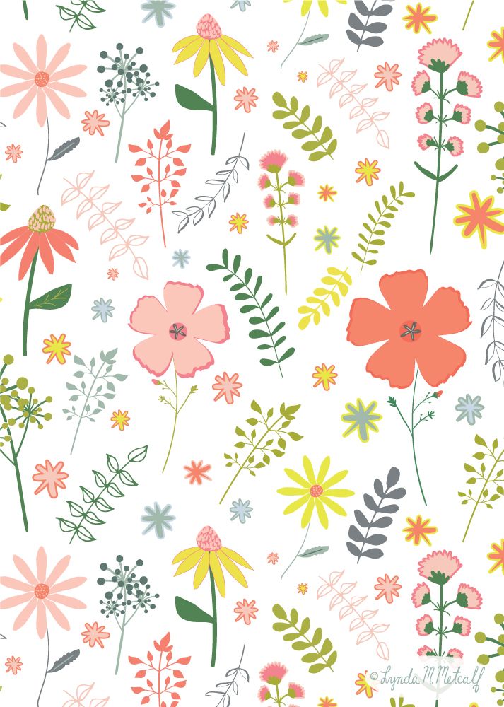 colorful flowers and leaves are on a white background with pink, green, yellow, orange, and grey colors