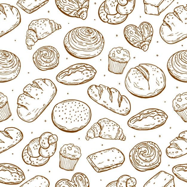 a bunch of different types of pastries on a white background with brown contour lines