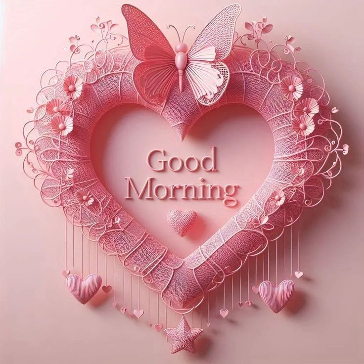 a heart shaped frame with butterflies on it and the words good morning written in pink