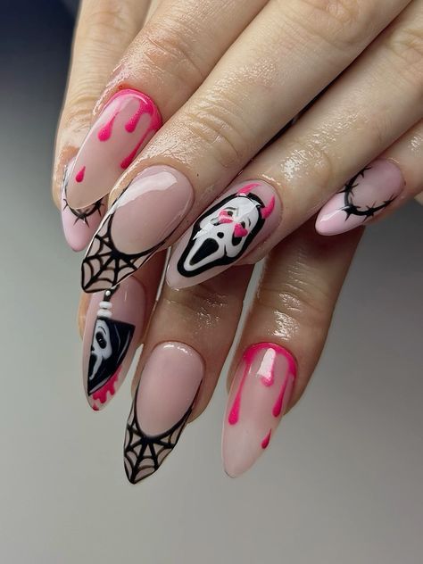 Spooky Nails Ghostface, Cute Spooky Nails Almond, Halloween French Tips Almond, Halloween Nails 2024 Almond, Pink Halloween Nails Acrylic Almond, Girly Scream Nails, Almond Halloween Acrylic Nails, Halloween Nail Ideas Almond, Almond Nail Halloween Designs