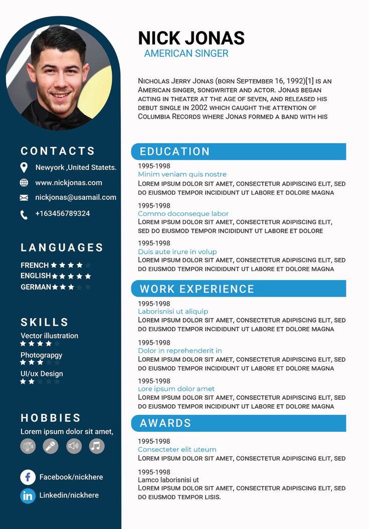 a professional resume template with blue and white colors, includes an image of a man's face