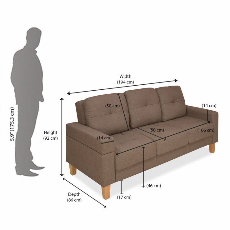 a couch with the measurements for it and an image of a man standing next to it