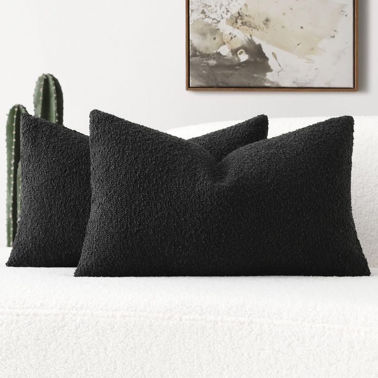 two black pillows sitting on top of a white couch next to a cacti