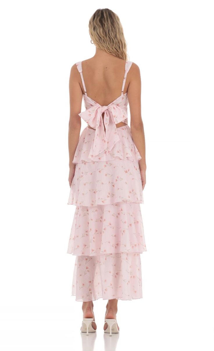 Floral Ruffle Maxi Dress in Pink | LUCY IN THE SKY Tiered Party Dress With Tie Straps, Fitted Chiffon Dresses With Tie Straps, Feminine Organza Maxi Dress With Ruffles, Spring Chiffon Dress With Adjustable Straps, Chic Tiered Organza Dresses, Chiffon Dress With Adjustable Straps For Spring, Chic Organza Tiered Skirt Dress, Summer Organza Fitted Maxi Dress, Backless Spring Dresses With Bow Straps