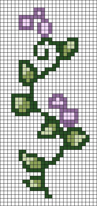 a cross stitch pattern with flowers in purple and green on the bottom half of it