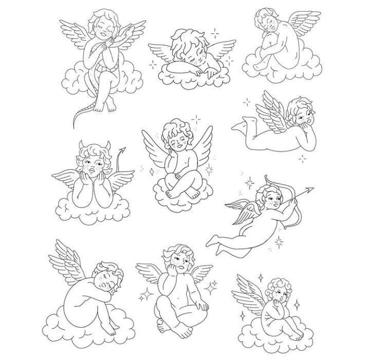 angels and cherubs on clouds with stars in the sky coloring page for kids