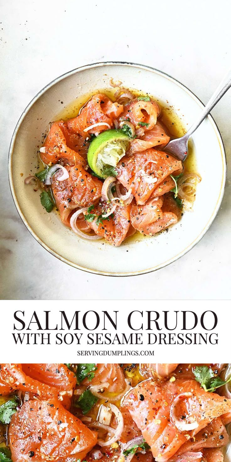 salmon crudo with soy sesame dressing in a white bowl