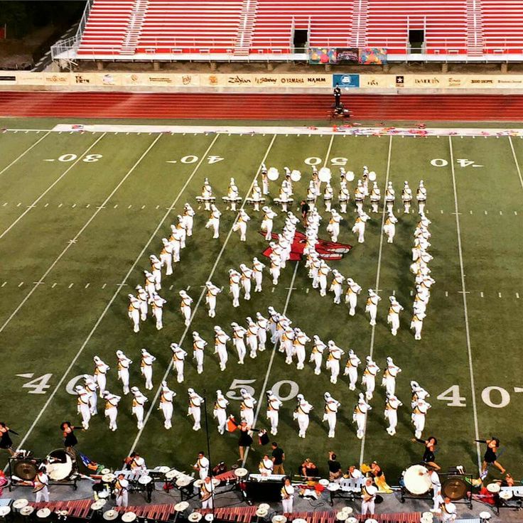 an aerial view of a marching band on a football field