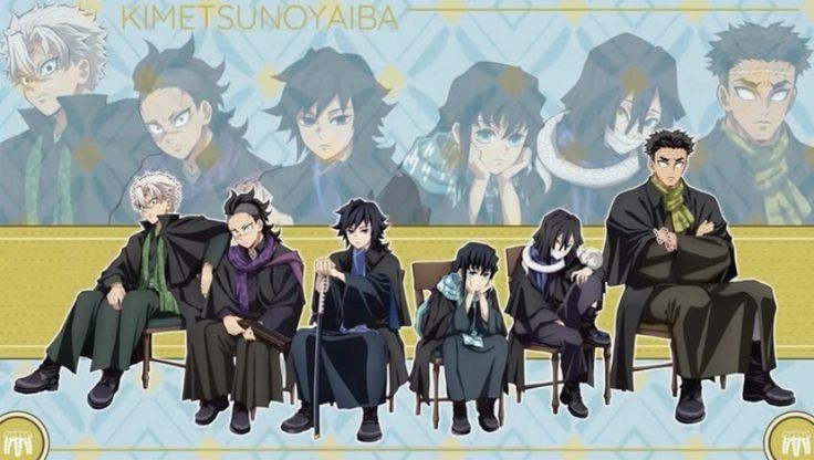 anime characters sitting on chairs in front of a blue and yellow background with the words kimetsu no yaiba written above them