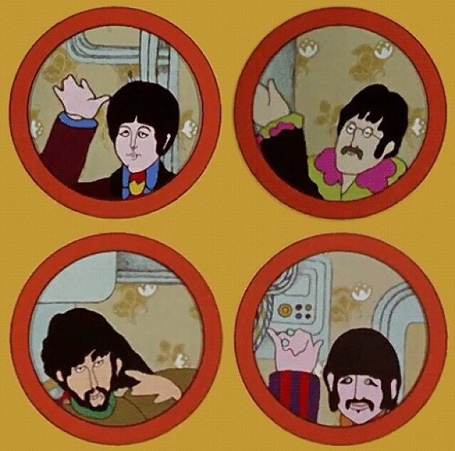 four pictures of the beatles in round red frames with yellow background and brown wallpaper