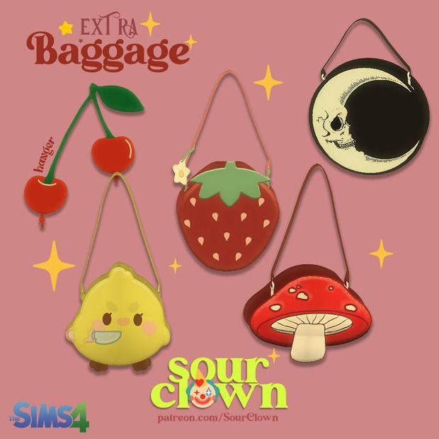 four different items hanging from hooks on a pink background with the words, extra baggage sour & clown