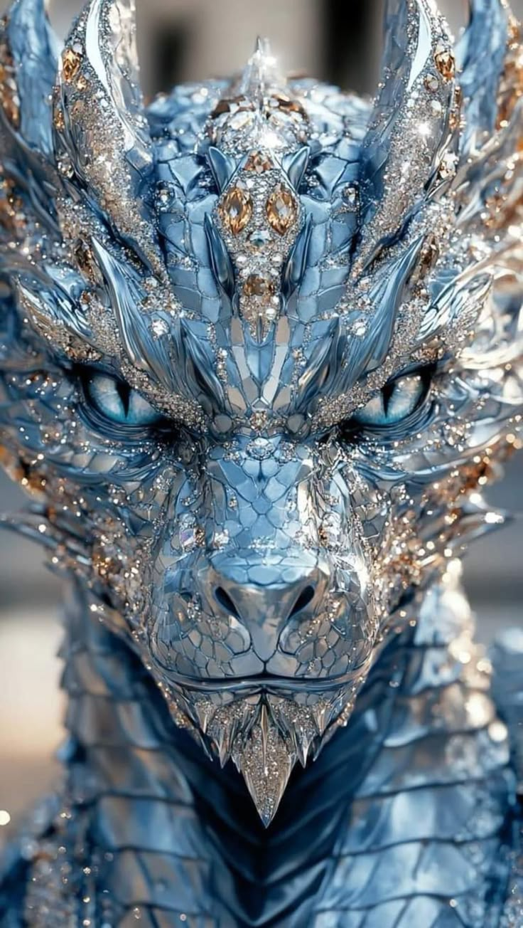 a close up of a dragon statue with blue and gold paint on it's face