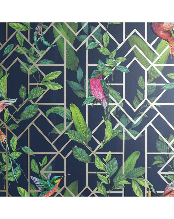 a wallpaper with birds and leaves on it in a room that looks like an art deco