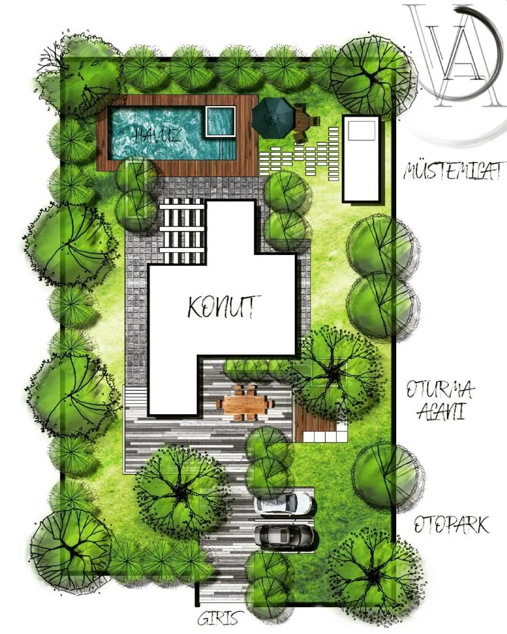 an aerial view of a small garden design