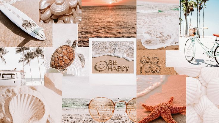 a collage of photos with the words be happy written on them and beach items