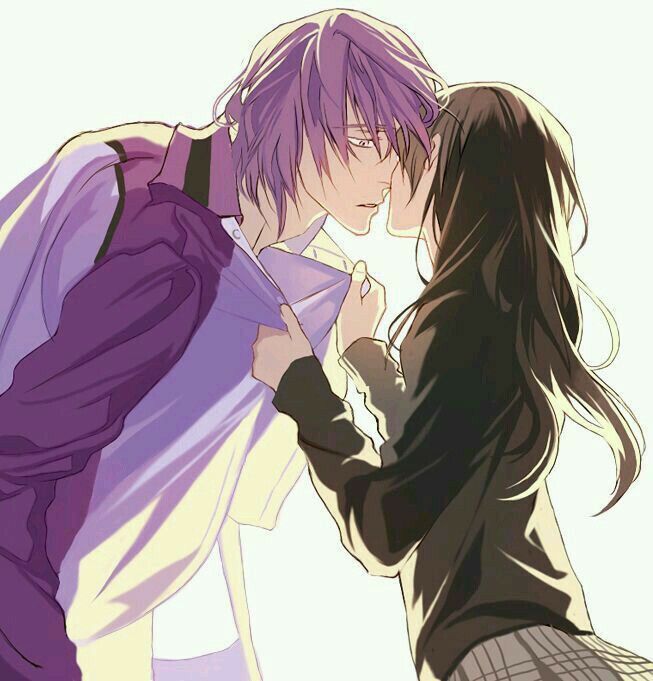 two anime characters kissing each other with long hair and purple eyes, in front of a white background