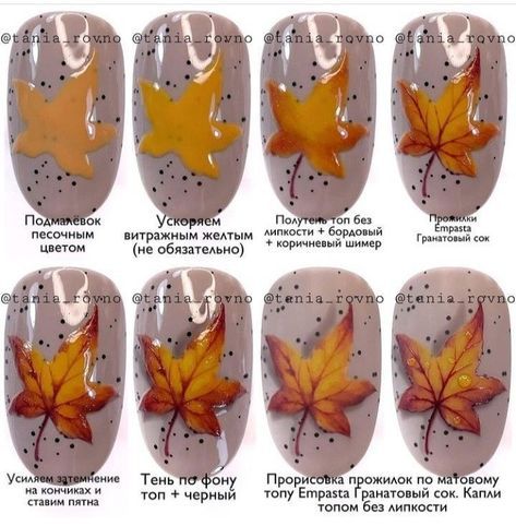 How To Paint Fall Leaves On Nails, Spring Nail Art Tutorial Step By Step, Autumn Nails Step By Step, Fall Nail Art Tutorial Step By Step, Fall Nail Art Tutorial, Nails Leaves Design, Fall Leaves Nails, Fall Leaf Nails, Fall Leaf Nail Art