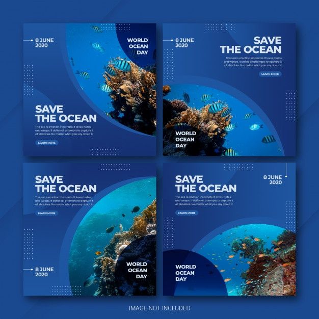 four blue banners with marine animals and corals in the ocean for save the ocean