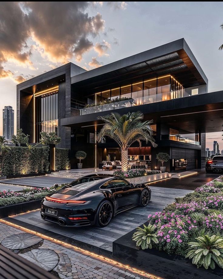 a black sports car is parked in front of a modern house with palm trees and flowers