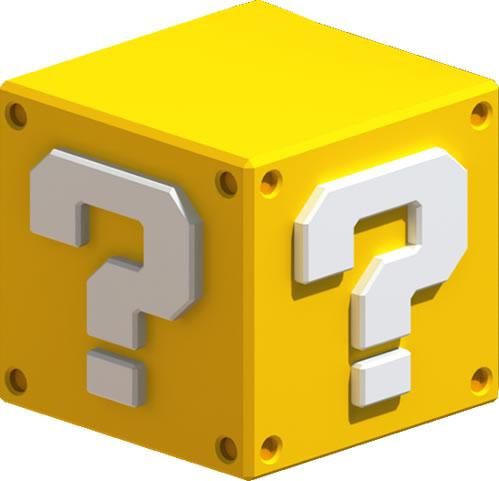 a yellow cube with two white question marks on it