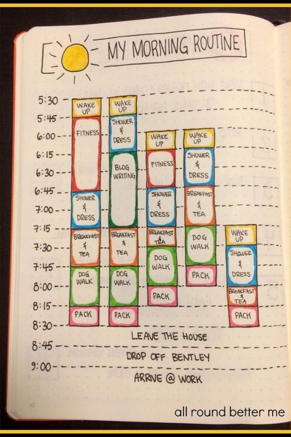 an open notebook with the words'my morning routine'written in colorful squares on it