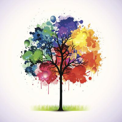 a colorful tree with watercolor splashes on it's trunk and leaves in the center