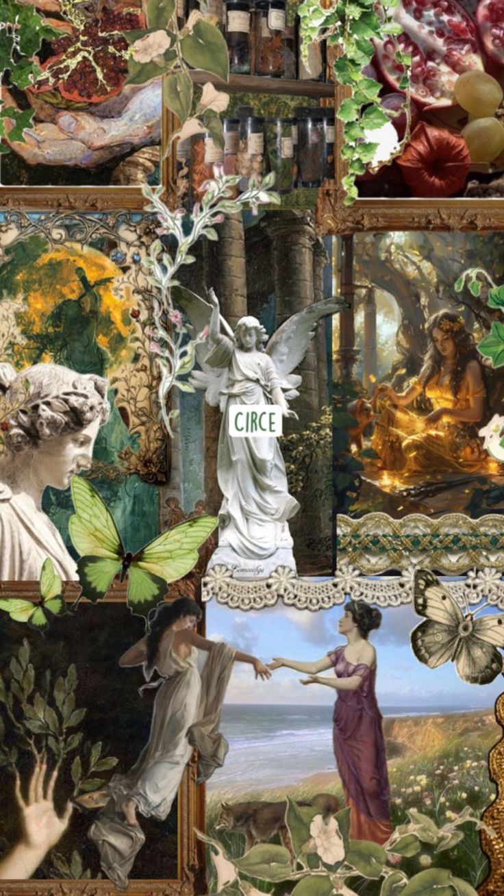 a collage of pictures with angels and other things in them, including grapes, flowers, fruit, and wine bottles