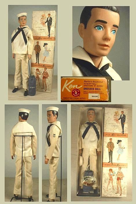 an assortment of action figures including a sailor, pilot and luggage man from the 1950's