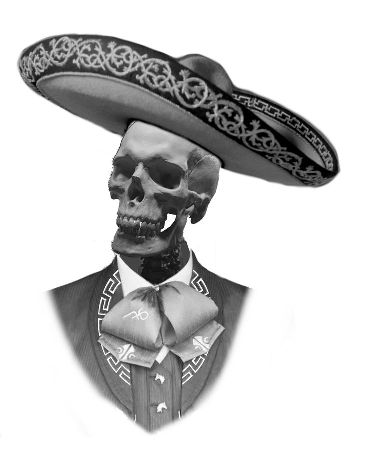 a black and white photo of a skeleton wearing a sombrero