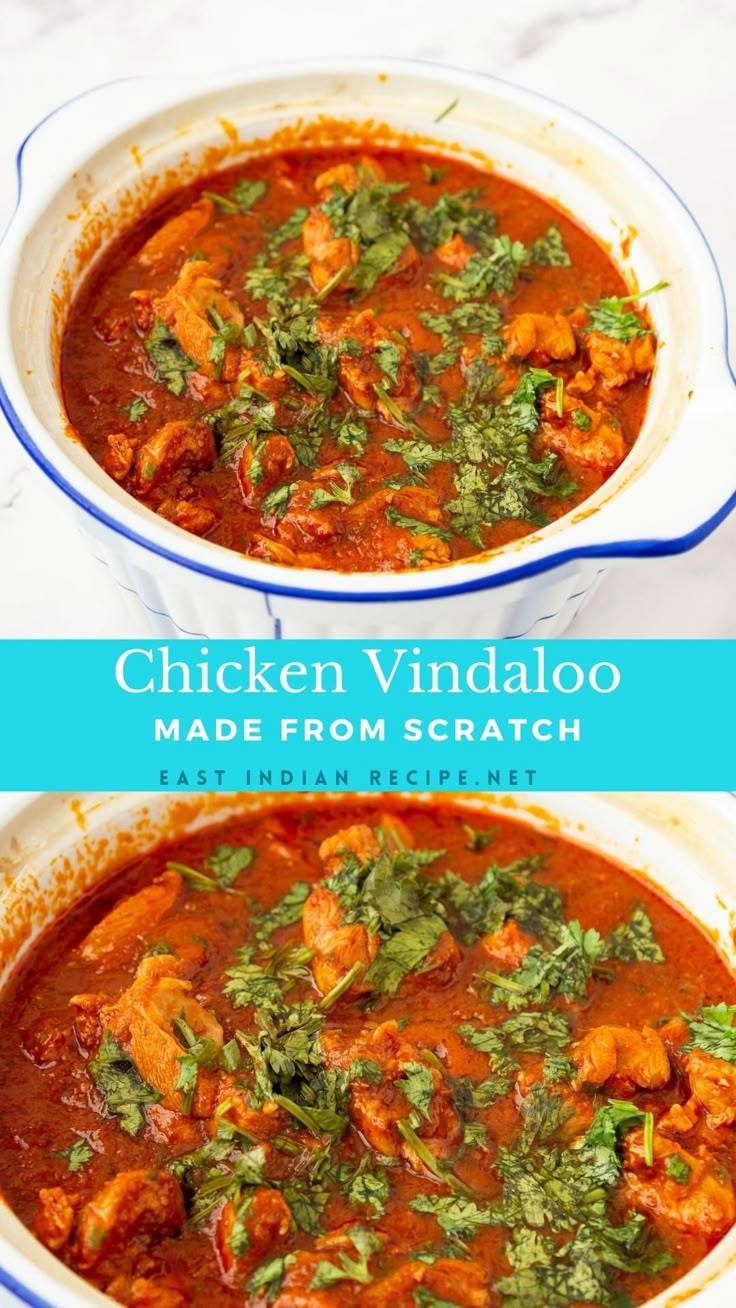 chicken vindalo made from scratch in a blue and white dish