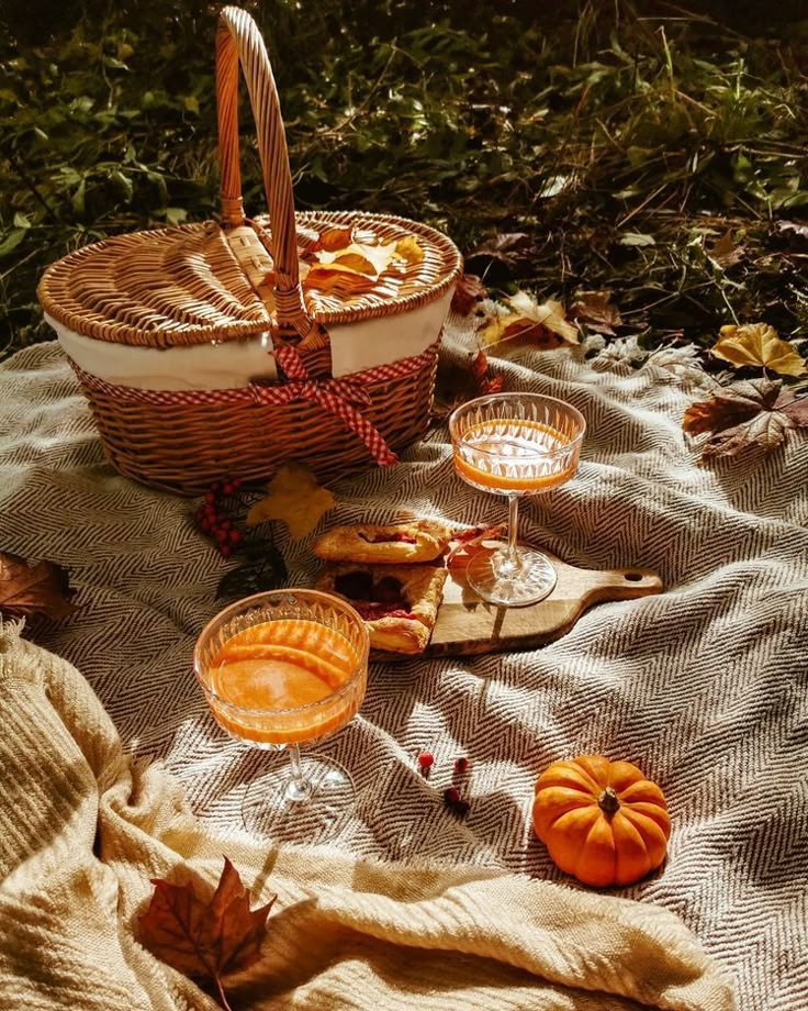 a picnic with oranges, bread and wine on a blanket in the woods next to some leaves