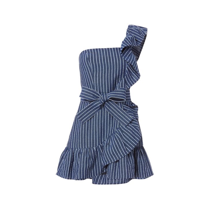 24 of the Best Dresses for Spring Single Shoulder Dress, Off One Shoulder Dress, Blue One Shoulder Dress, Blue Stripe Dress, Blue Colour Dress, Outfit Elegantes, Alexis Dress, One Sleeve Dress, Blue Denim Dress