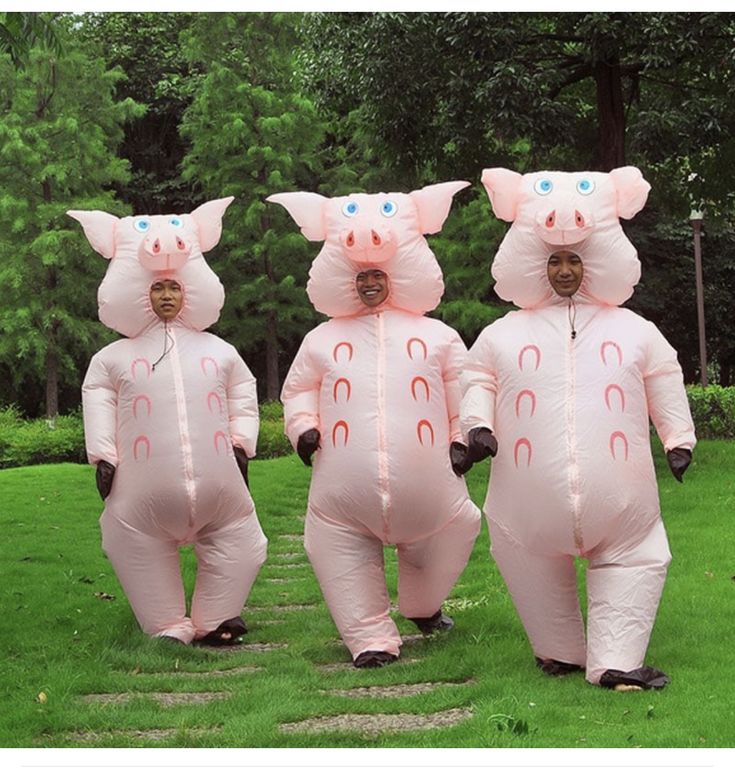 three people in pink pig costumes walking on grass