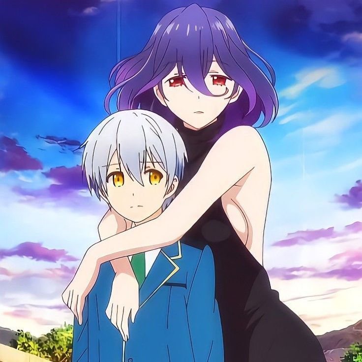 two anime characters hugging each other in front of a cloudy sky