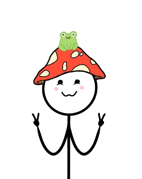 a drawing of a person with a mushroom hat on their head and hands in the air