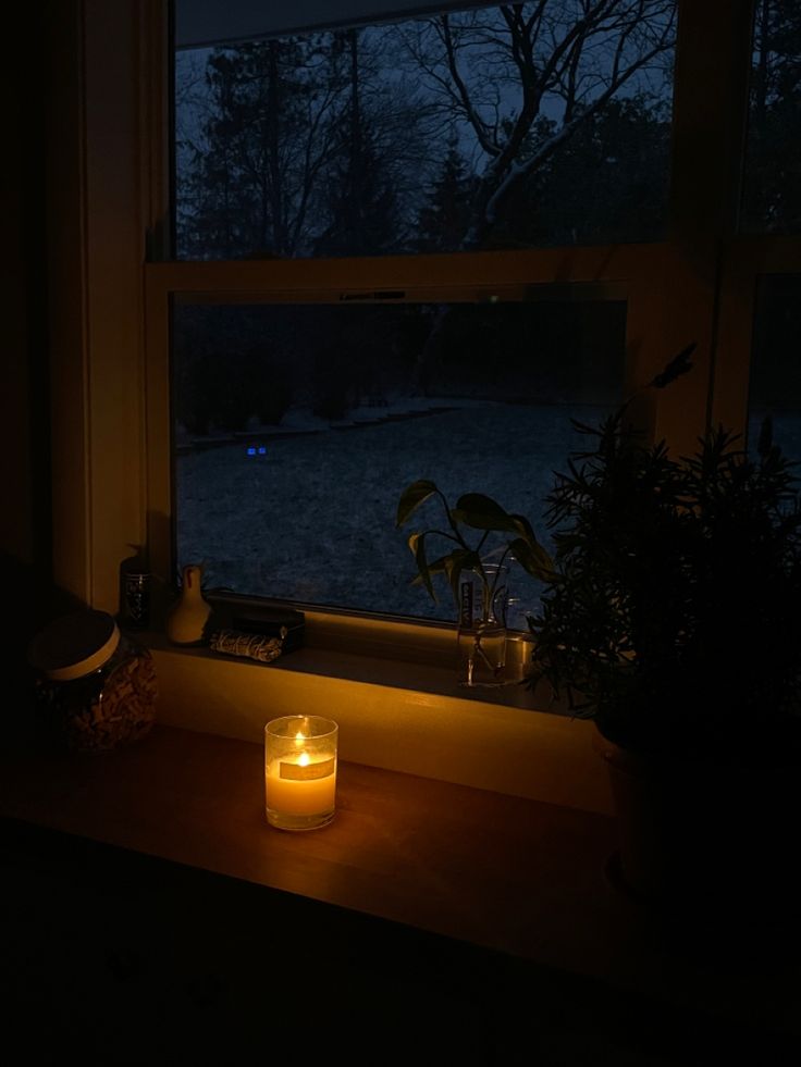 a lit candle sitting on top of a window sill next to a potted plant